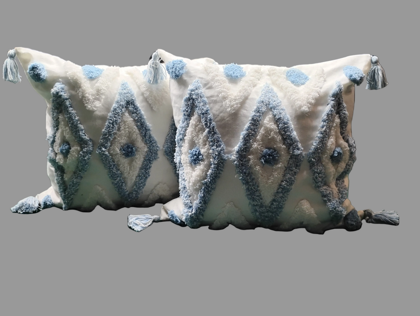 Dec. Pillows (2) Blue and White Diamond & Tassel design