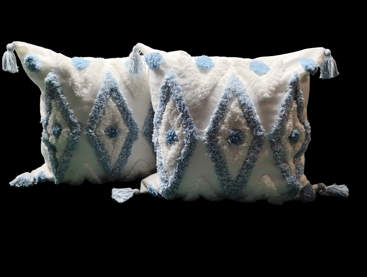 Dec. Pillows (2) Blue and White Diamond & Tassel design